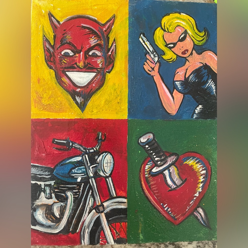 Original painting - retro, motorcycle, comic book style, devil, tattoo,